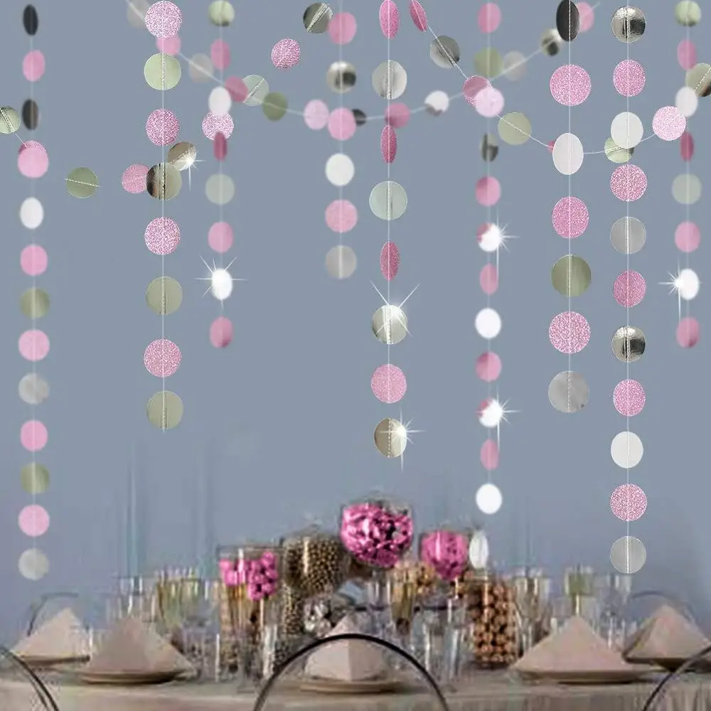 

Sweet Glitter Pink Silver Paper Garlands Hanging Round Circle String Ornaments Curtain For Wedding 1st Girl Birthday Party Decor