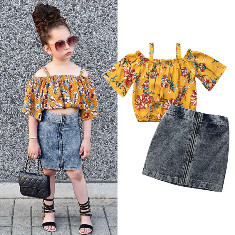 

Stock Fashion Clothes Baby Girls Clothes Floral T-shirt Tops+Denim Mini Skirt Dress 2PCS Outfits 1-6T