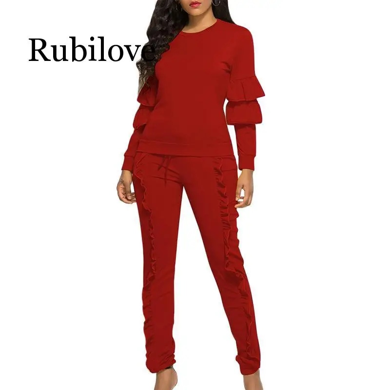 

Rubilove 2019 Autumn Women Sets Ruffle Sleeve Ladies Suit Stitched Long-Sleeved Solid Color Drawstring Two-Piece Jumpsuit Female
