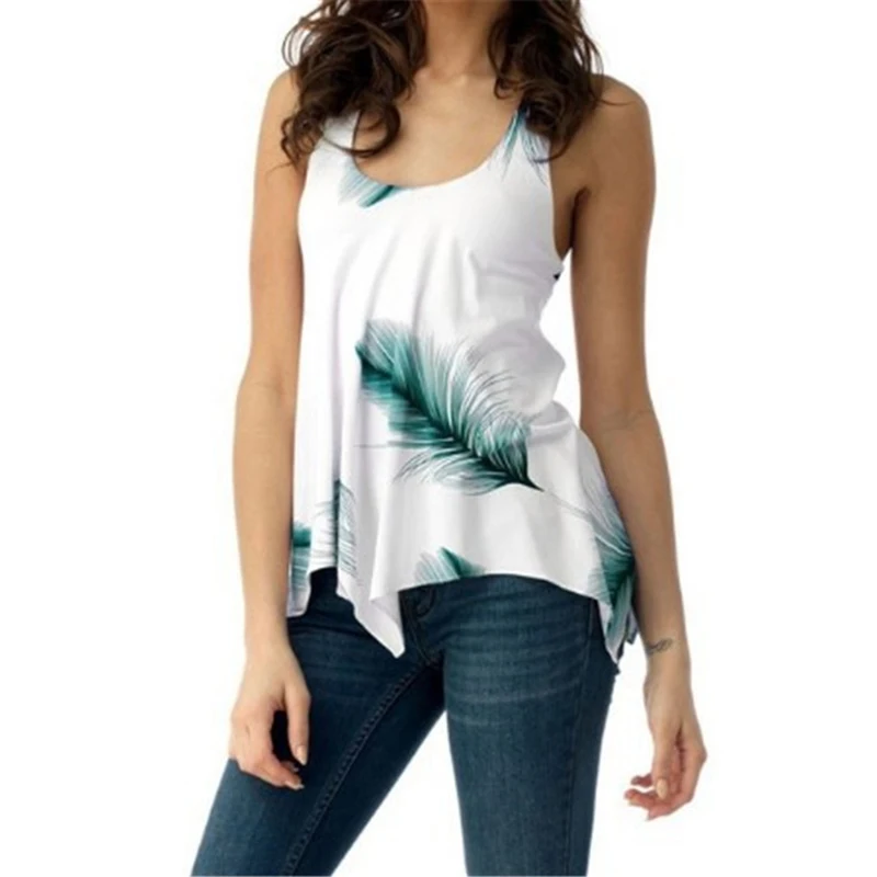 Блузка женская летняя без рукавов с принтом перьев | Женская одежда
