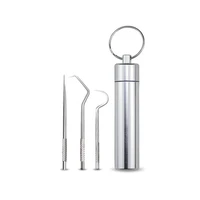 1 set of stainless steel toothpick picking three piece oral care portable cleaning tool set with toothpick holder