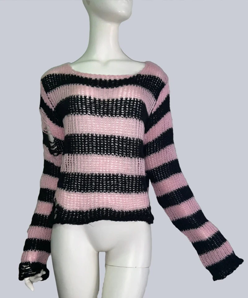 

Lady Striped O Neck Split Hole Sexy Jumpers Rock Cool Pullover Streetwear Gothic Punk Women Hollow Out Broken Short Sweater 2021
