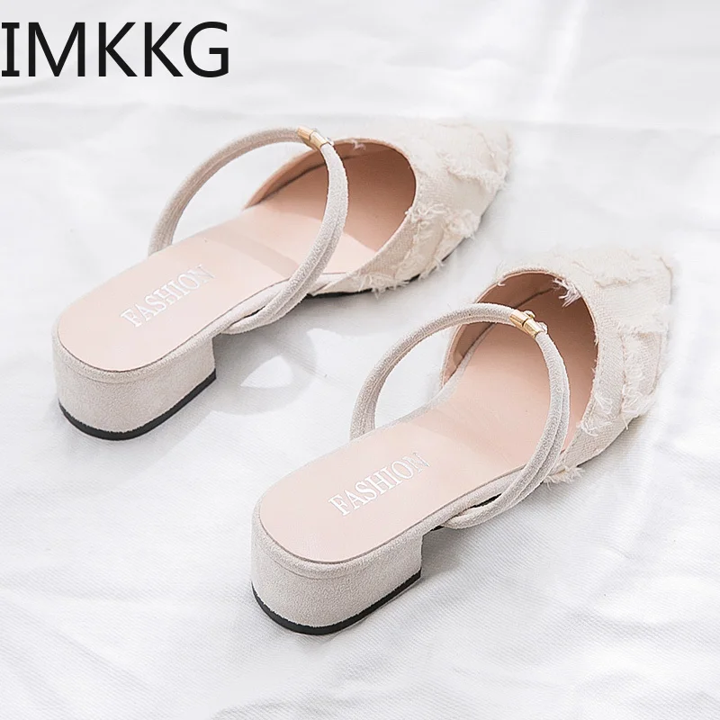 Шлепанцы женские без задника заостренный носок бахрома сланцы лоферы квадратный