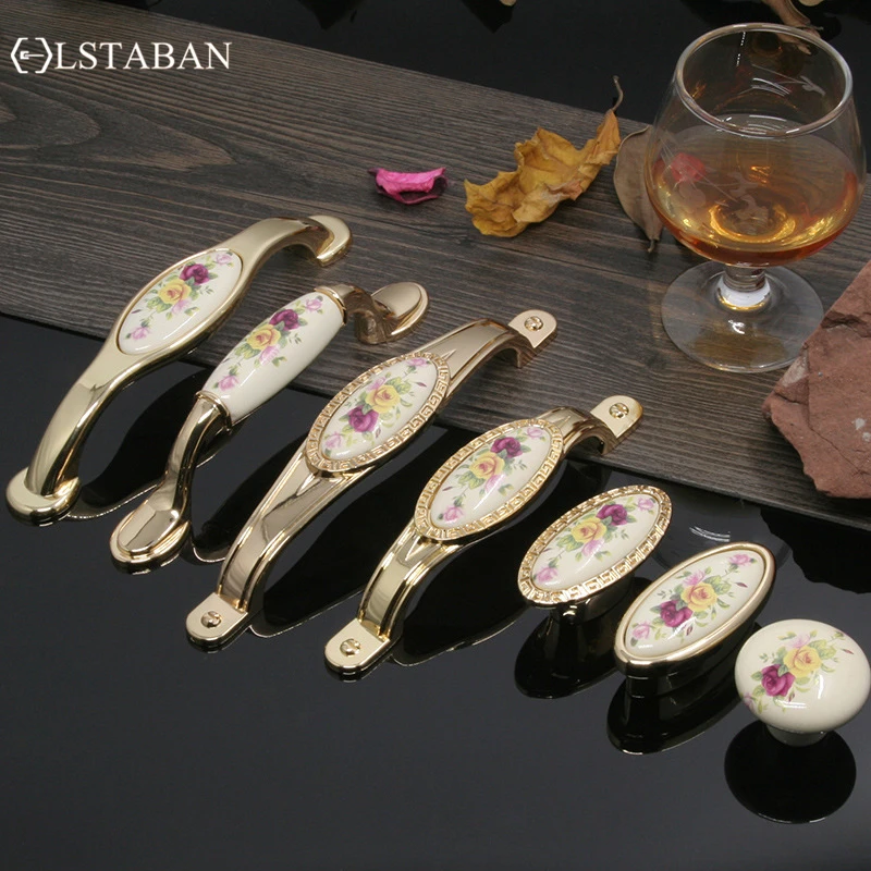 

LSTABAN European Style Golden Zinc Alloy Ceramic Knob Shoe Cabinet Bookcase Cupboard Single Hole Handle Furniture Accessories
