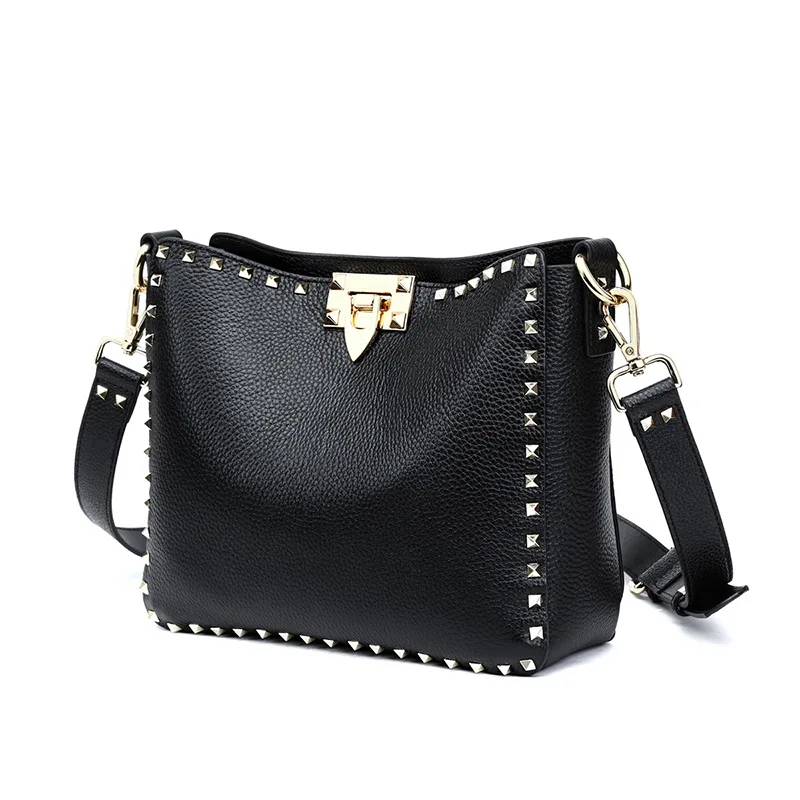

Genuine Leather Bags for Women 2020 with Wide Shoulder Strap Bucket Bag Large Capacity Rivet Messenger Bag Sac A Main Femme