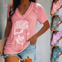 in the summer of 2021 european and american womens skulls were printed with loose short sleeves and deep v neck t shirts