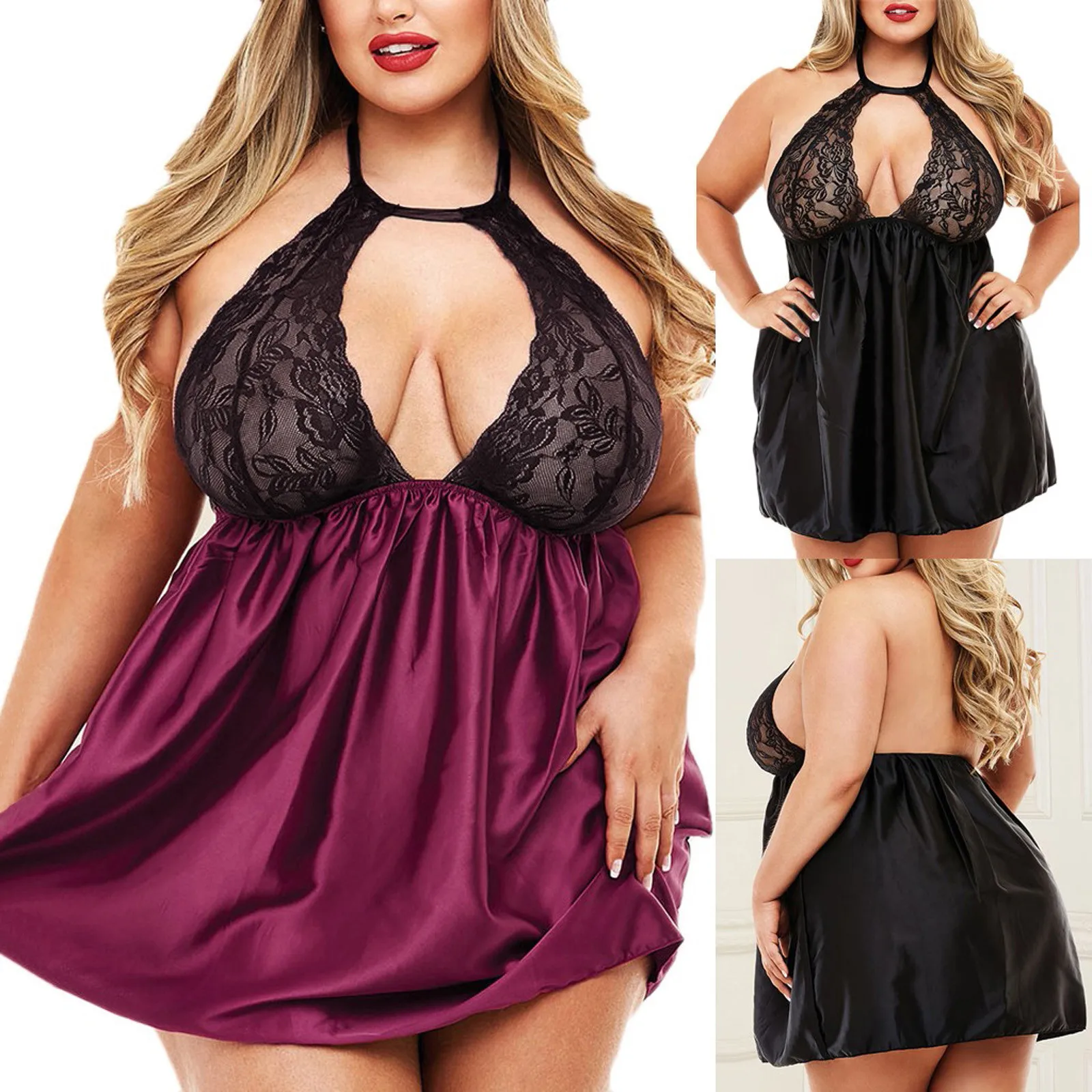 

Women Sexy Night Dress Lace Satin Lingerie Halter Hollow Out Underwear Sleepwear Nightdress Exotic Apparel Pijamas De Mujer