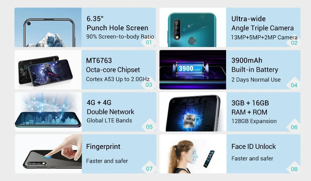OUKITEL C17 смартфон Face ID 6,35 ''FHD 3 ГБ ОЗУ 16 Гб ПЗУ Android 9,0 MTK6763 Восьмиядерный 13 МП 4G LTE мобильный телефон