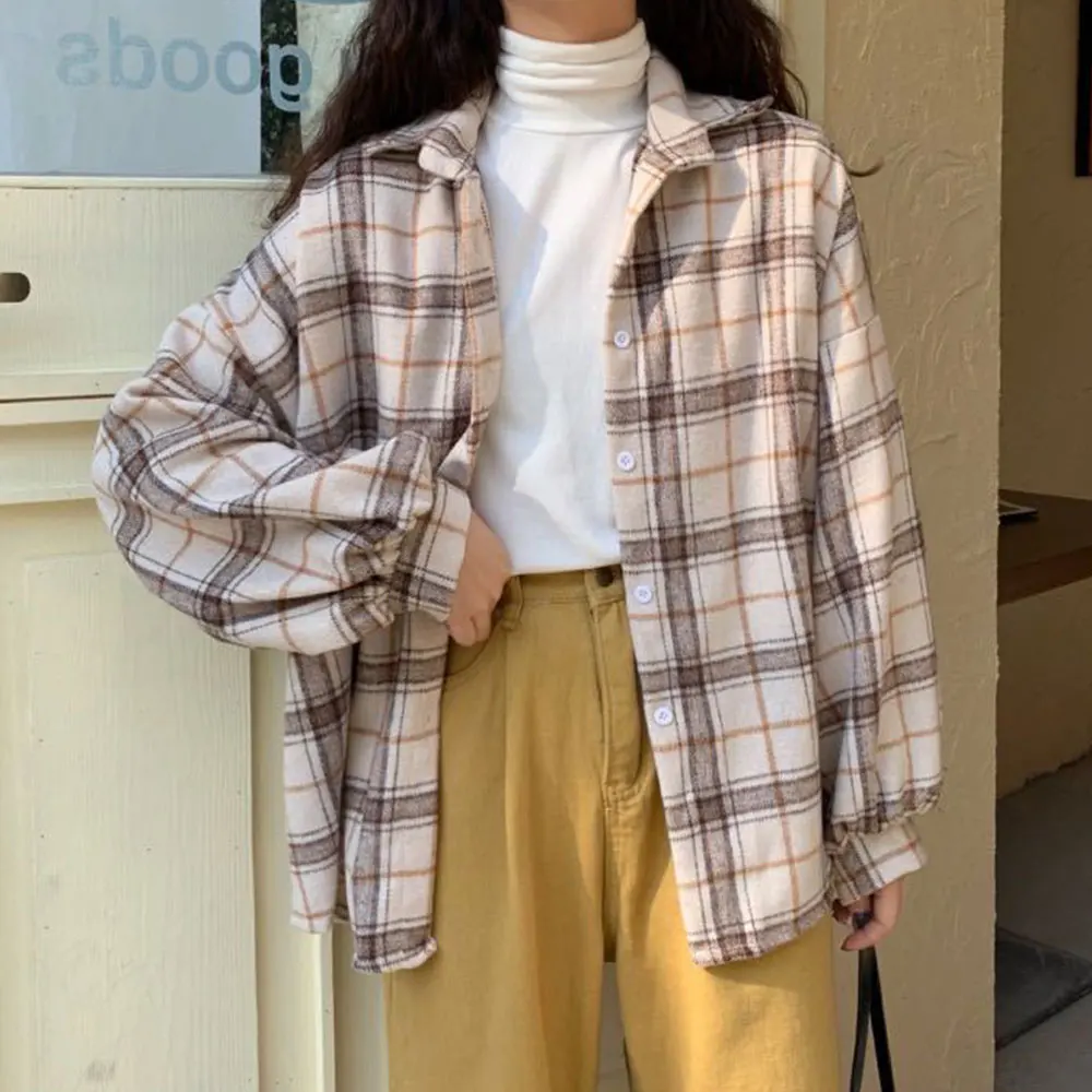 

Women Plaid Blouses Turn-Down Collar Spring Shirts All-Match Bf Batwing-Sleeve Loose Outwear Harajuku Female Chic Coat Casual