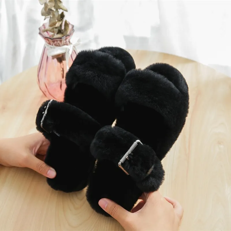 as shown Millffy/летние женские босоножки с шерстяным мехом; обувь из плюша с регулируемой пряжкой; удобные модные тапочки; цвет розовый, фиолетовый, серый - Цвет: as shown