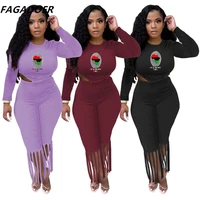 fagadoer women pattern print two piece sets casual long sleeve top and stretchy tassel pants tracksuits autumn casual outfits