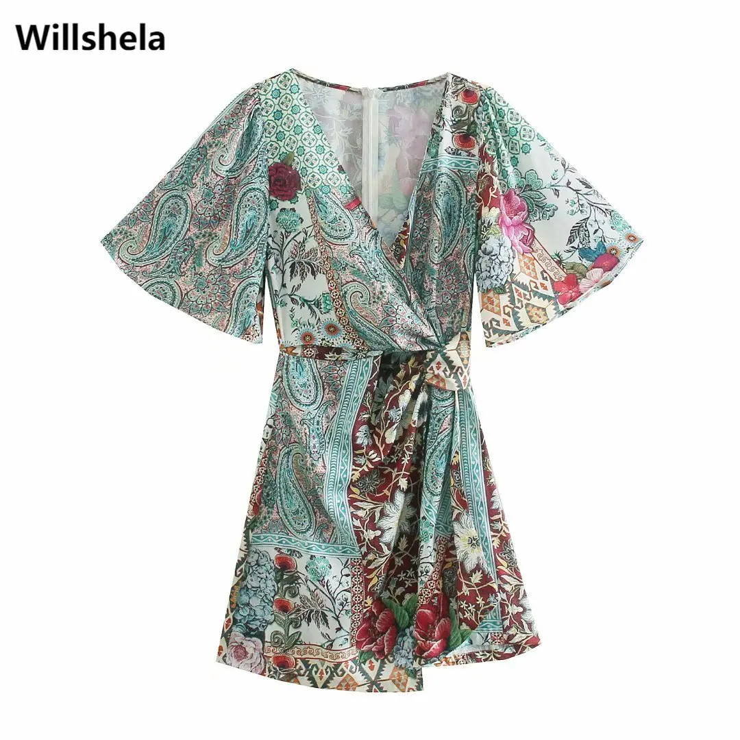 

2021 Women Vintage Patchwork printed Dress Fashion V-Neck Half Wide Sleeves Wrap Style Casual Short Dresses Woman Robe