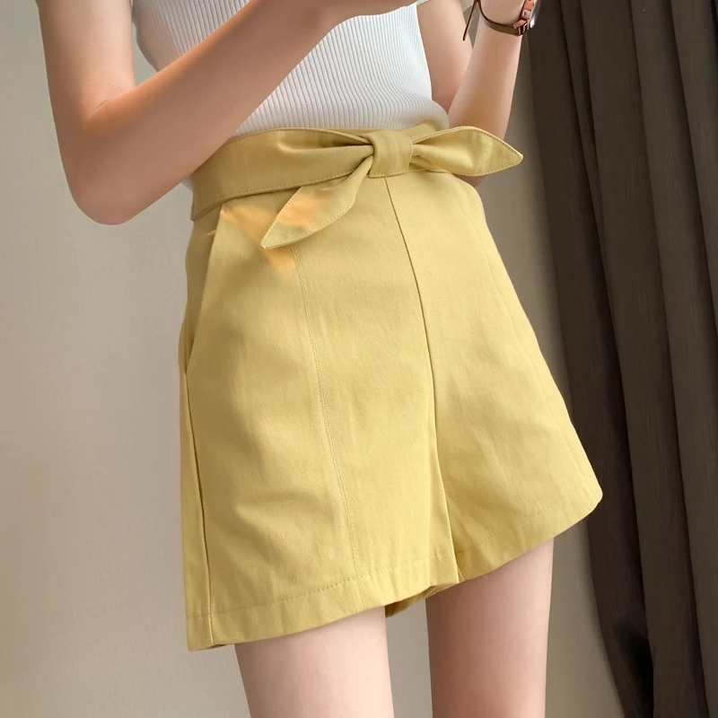 

2020 Summer New Korean Style Womens High Waisted Bow Yellwo Beige Black Shorts , Casual Ladies Woman Cotton Shorts