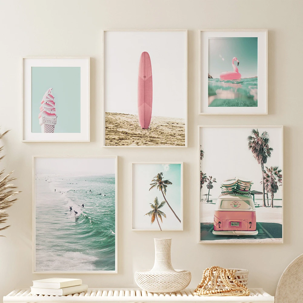 

Pink Beach Landscape Posters Palm Tree Canvas Painting Travel Car Art Print Sea Shell Paintings Nordic Wall Pictures Home Decor