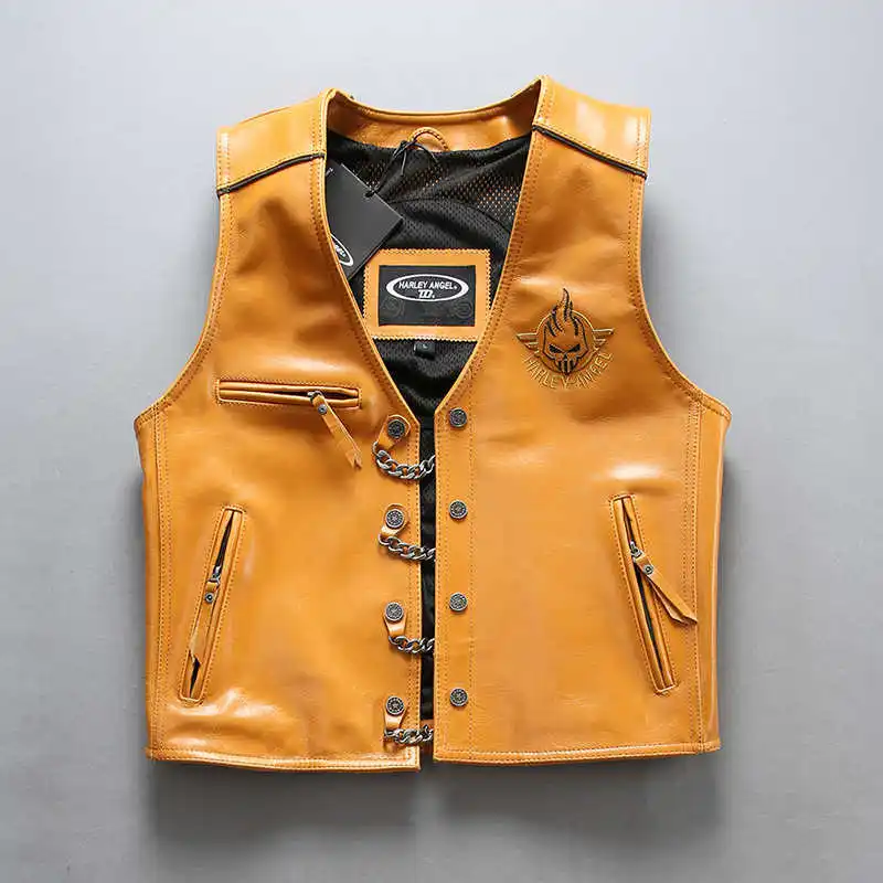 

2021 Men's skulls genune leather vest yellow sleeveless motorcycle leather jacket men biker vest for men real cow leather