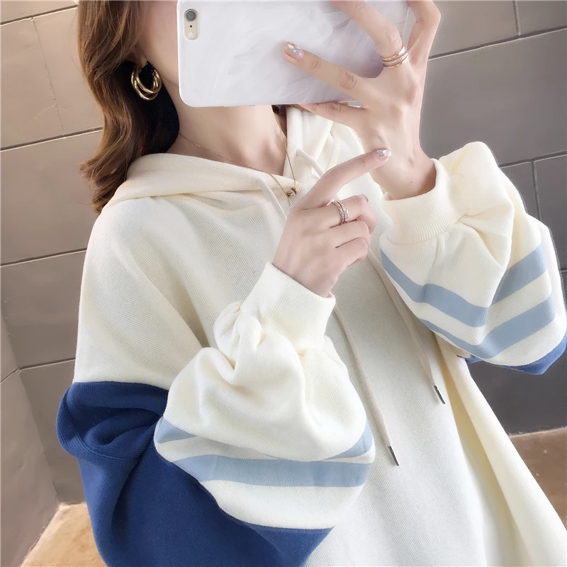 

Womens Fashion Sweater Spring Loose Striped Long Sleeves Sweatshirt Oversized Pullover Hoodies Women Top