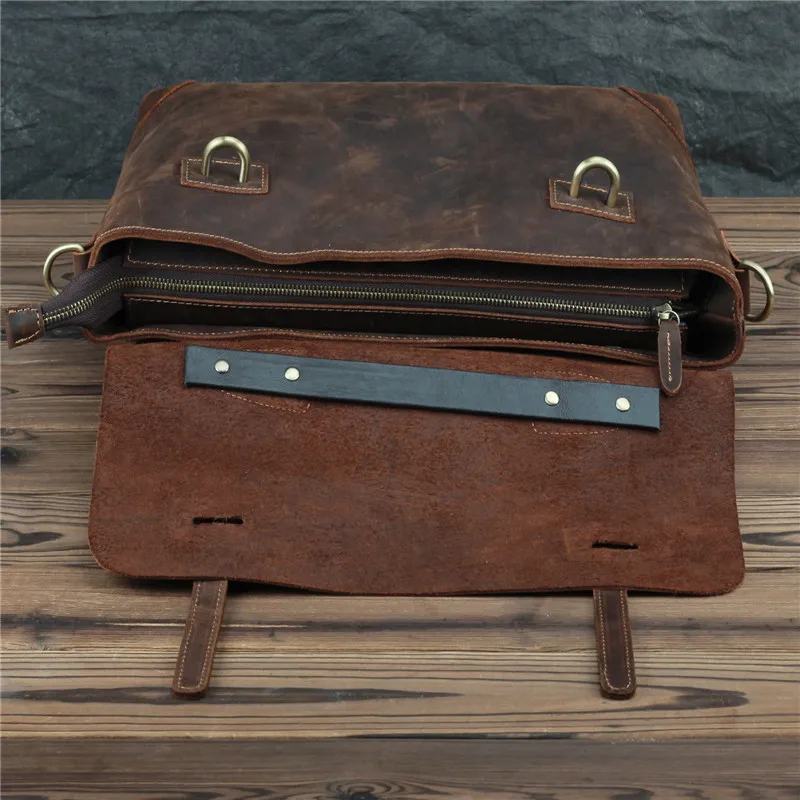 Винтажный коричневый толстый портфель Nesitu из натуральной кожи Crazy Horse для