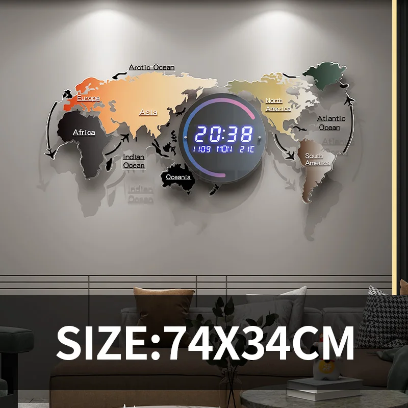 MEISD-Reloj de pared Digital con mapa del mundo electr&oacute;nico, reloj inteligente decorativo grande con calendario, term&oacute;metro, decoraci&oacute;n del hogar, Horloge azul F-3