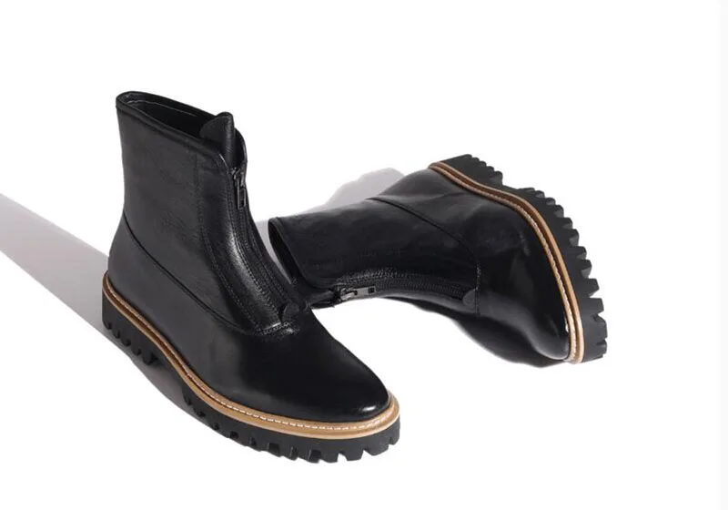 Full Grain Leather Autumn Black Ankle Mens Patent Boots Shoes Zipper Genuine Real High Quality Sole Platform Thick Soled
