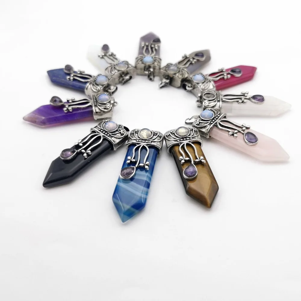 Reiki Natural Gem Stone Sword Pendants Pendulums Labradorite Pink Quartz Lapis Lazuli Black Obsidian Tiger Eye Jewelry 1PCS