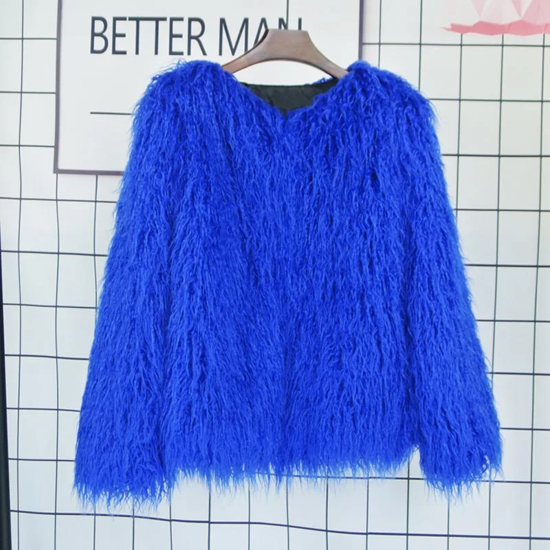 blue fur coat Зимняя Элегантная Женская Толстая монгольская овечья куртка из искусственного меха, пальто, новая мода, длинный рукав, плюшевое пальто, трендовая уличная одежда - Цвет: blue fur coat