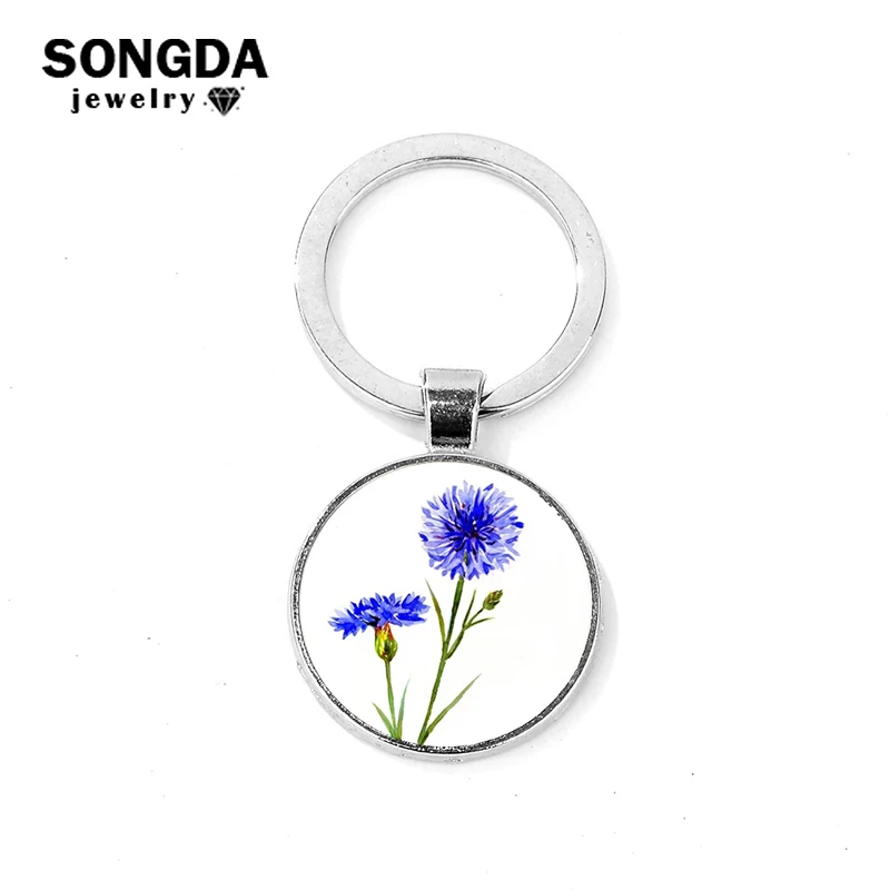 

Blue Carnation Keychain Flower Cornflower Photo Glass Cabochon Car Bag Key Ring Holder Charms for Women Gift Fashion Accessories