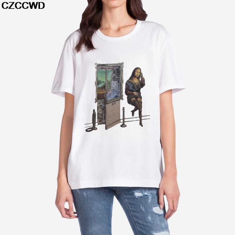 

2019 summer new Harajuku Mona Lisa spoof Aesthetic funny Fashion Print casual loose vintage Streetwear women tops cartoon Tshirt