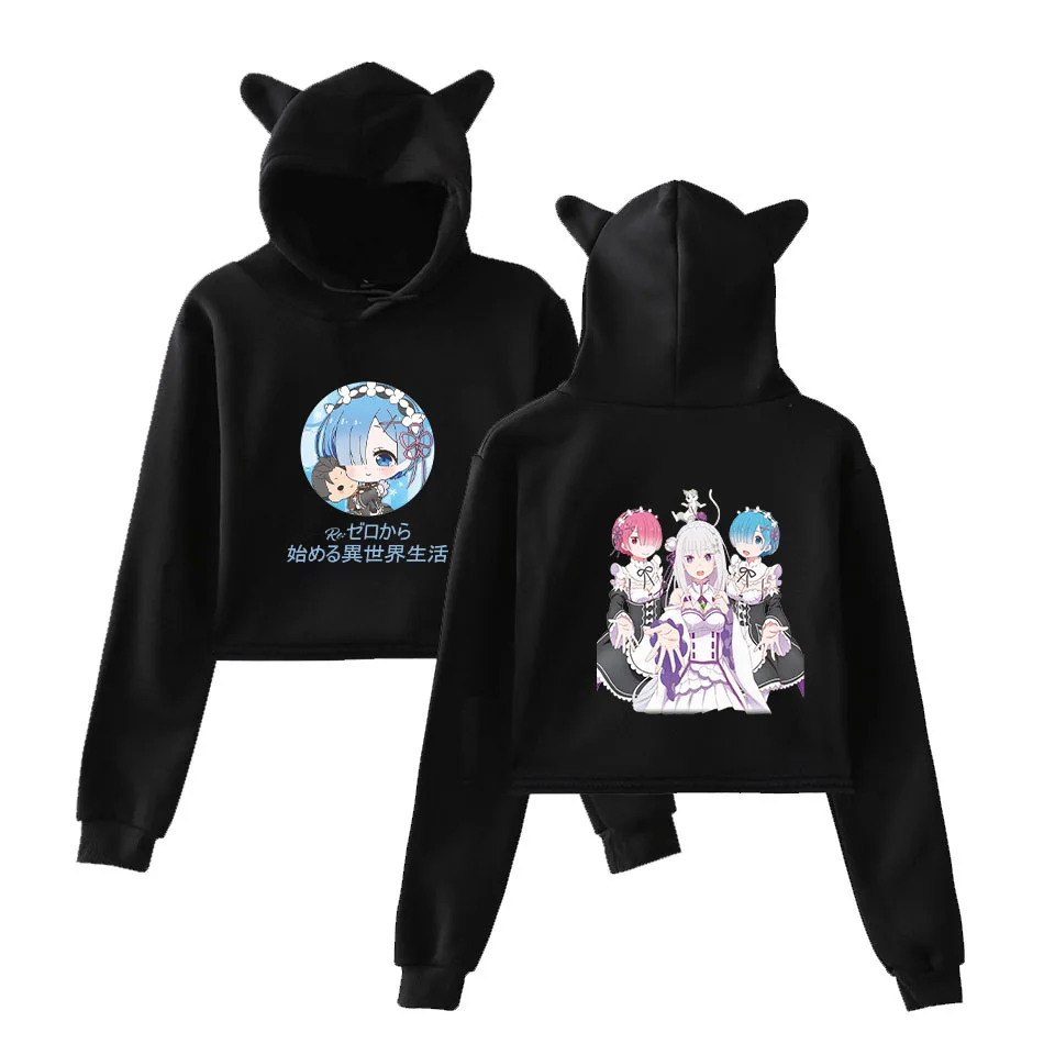 

Re Zero Rem and Ram Women Hoodie Long Sleeve Pullover Tops Short Jumper Sweatshirt Girls Casual Hooded Crop Top Hip Hop Clothing