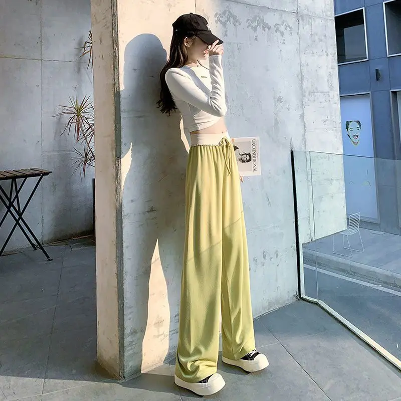 

Ice silk drop feeling wide leg pants women's new floor dragging high waist slim casual pants for spring and summer