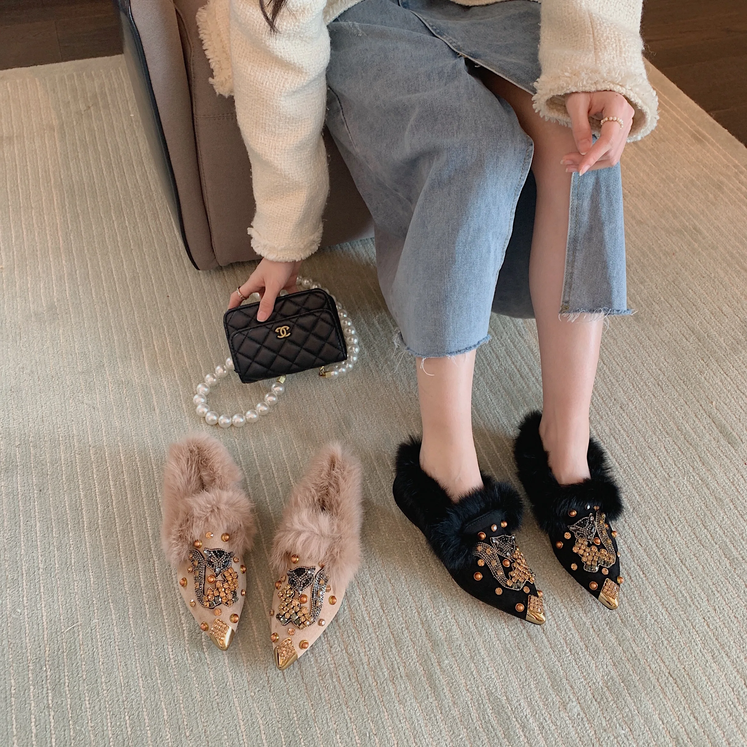 Женские пушистые туфли на плоской подошве зимние теплые роскошные мюли