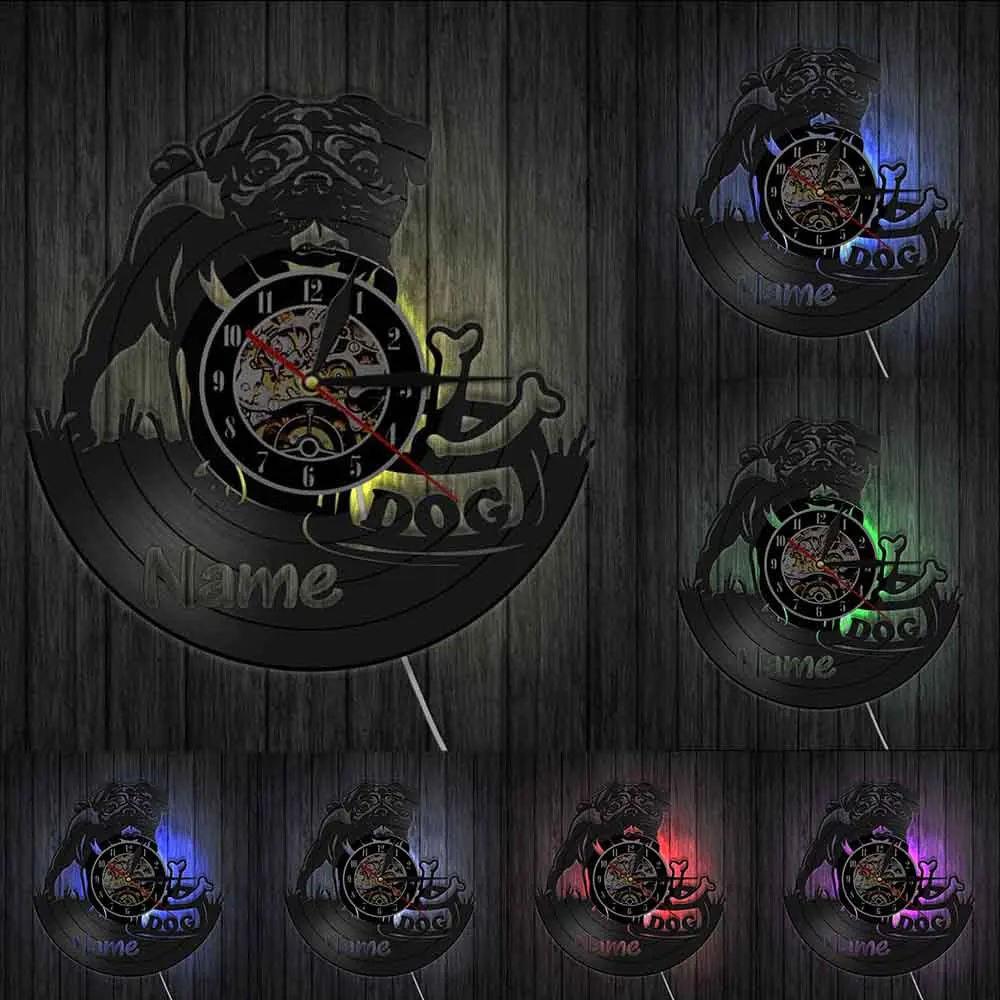 Мопса Искусство настенные декоративные часы на заказ имя собаки виниловая