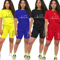 2021 two piece set for women tracksuit heart printed short sleeve top shorts sweat suit 2 pcs outfits matching sets