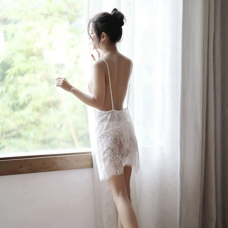 Мини ночные рубашки Нижнее белье с открытой спиной Прозрачная Кружевная одежда