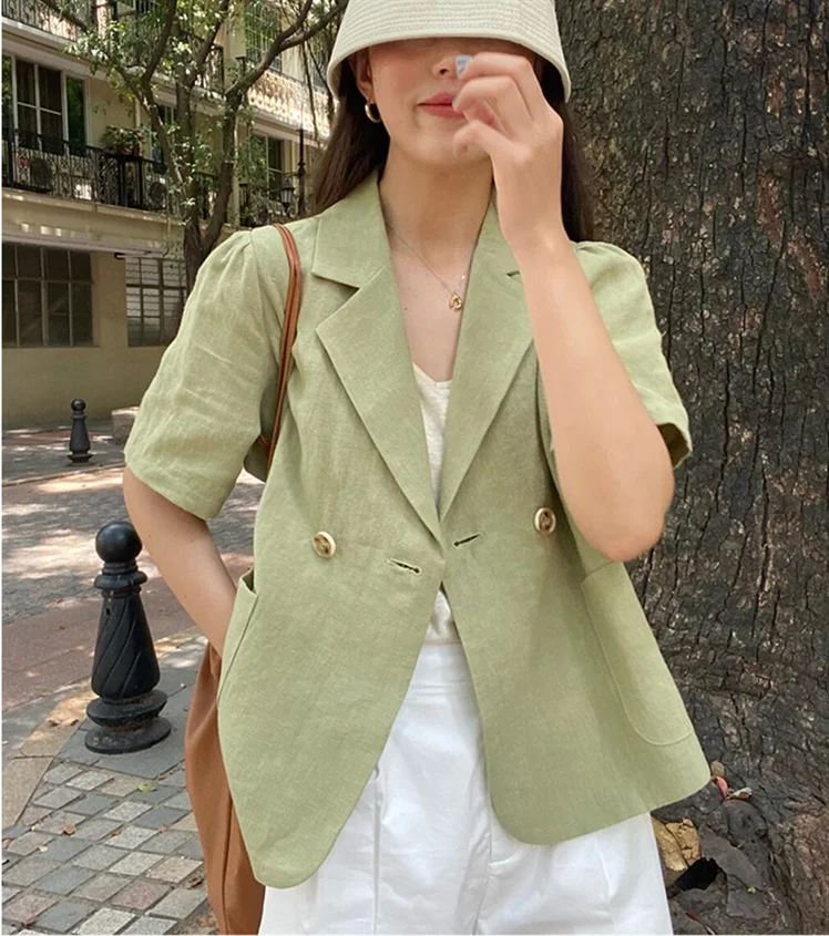 

Loose Suit Collar Linen Short Sleeve Blazer Suit for Women 2021 New French Women's Summer Thin Woman Puff Sleeve Short Top Coat