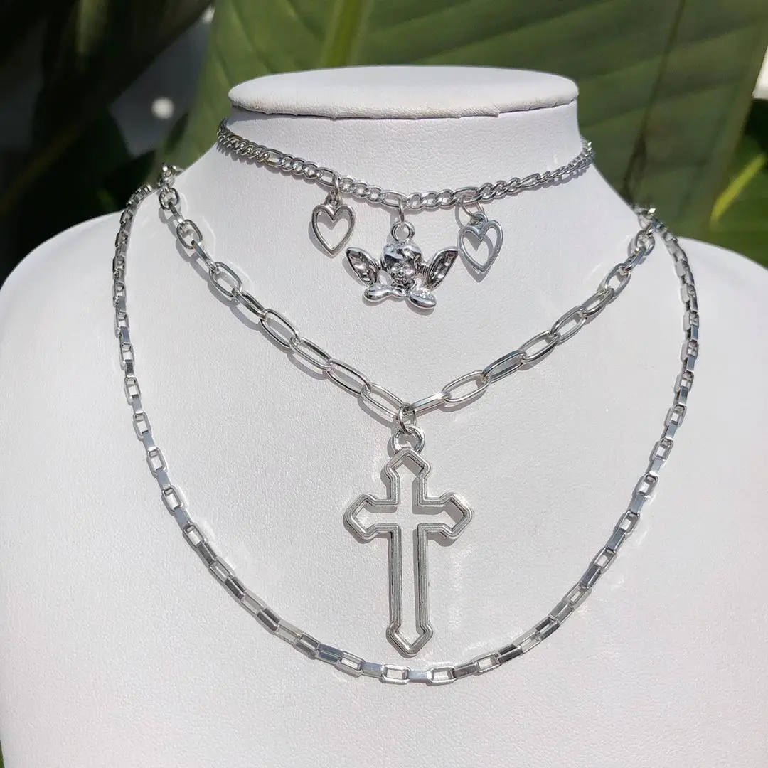 

Europe America Trendy Hip-Hop Cross Angel Heart Pendant Necklaces For Women Punk Silver Color Clavicle Chain Necklaces Jewelry