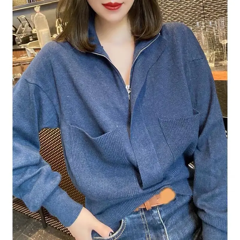 

Simple Temperament Zipper Stand Neck Blue Thick Knitted Sweater New Winter Women's Wear