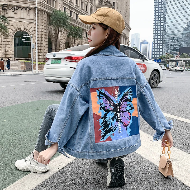 

Denim Jacket Women's 2021 Spring Autumn New Korean Loose Print Embroidery Jeans Jacket Fashion Harajuku Outwear Streetwear