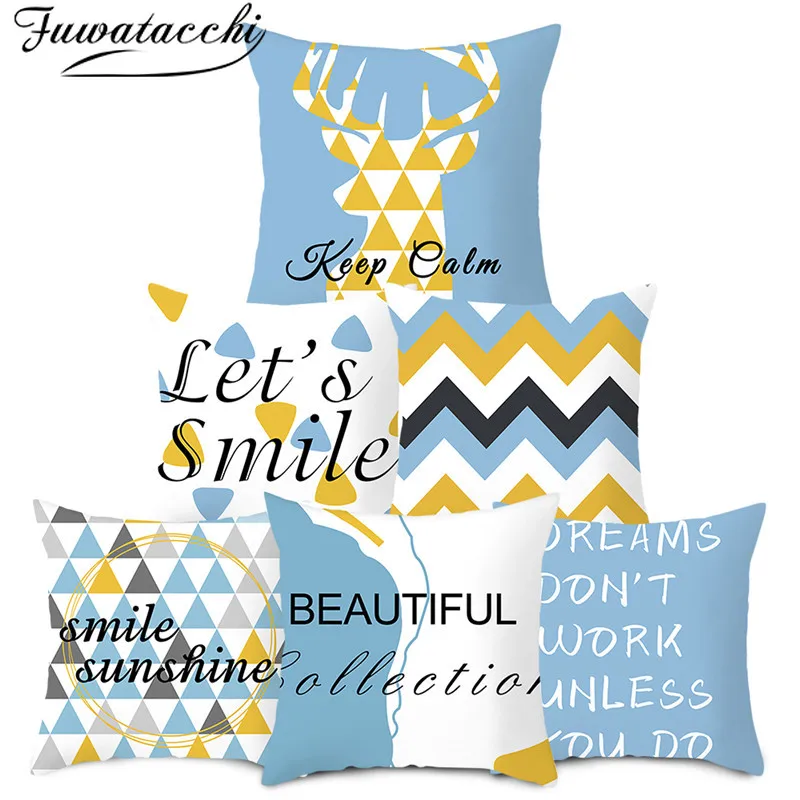 

Fuwatacchi Yellow Geometric Pillow Case Blue Plaid Photo Cushion Cover Smile Words Printed Pillow Cover for Home Sofa Decoration