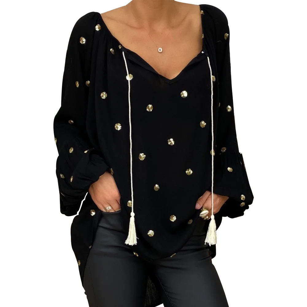 

Plus Size Blouses for Women Tops Long Lantern Sleeve V Neck Casual Baggy Shirts Ladies Pleated Baggy Midi Tunic Hollow Out