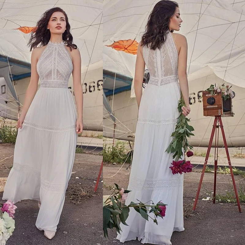 Свадебное платье в стиле бохо без рукавов кружевное простое пляжное шифоновое до