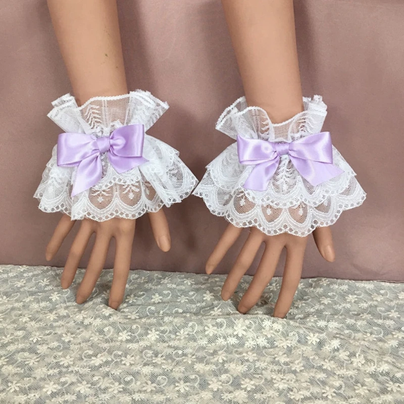 

Japanese Lolita Hand Sleeve Wrist Cuffs Sweet Ruffled Lace Multicolor Bowknot Maid Cosplay Bracelet for Wedding Party