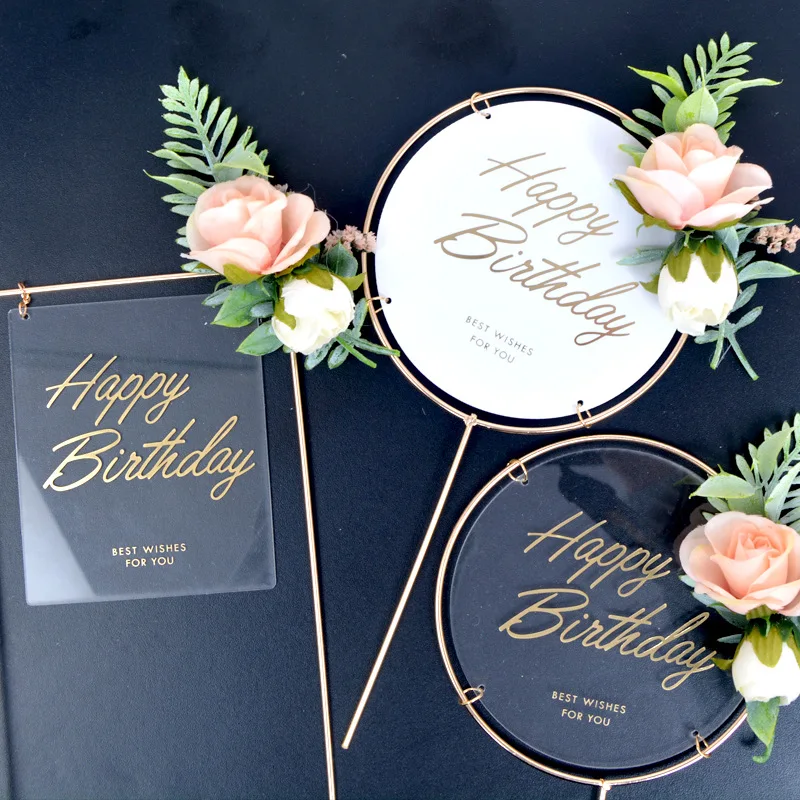 

1Pcs Metal Acrylic Happy Birthday Cake Topper Artificial flowers Cake Toppers For DIY Baby Shower Birthday Party Baking Decor