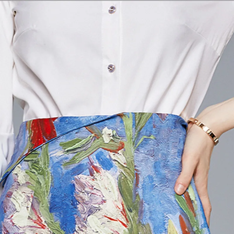 

Summer Fashion Women 2-Piece Set White Lapel Slim Shirt Top + Runway Vintage Printing Irregular A-Line Skirt Casual Lady Suit