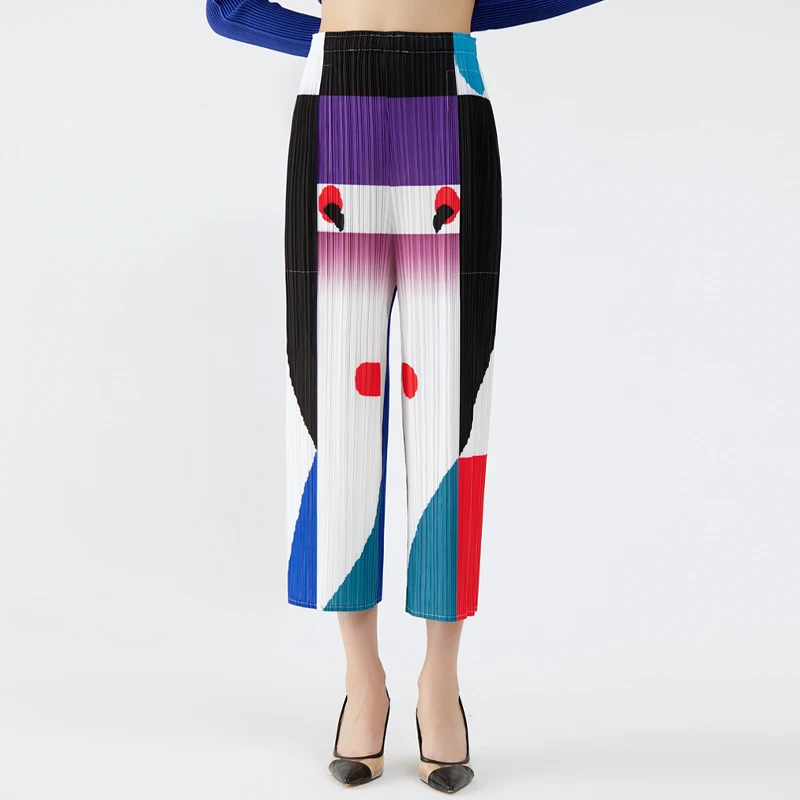 

Плиссированные брюки Miyake, модная женская одежда с высокой талией, прямые штаны с принтом японской оперы, 2021