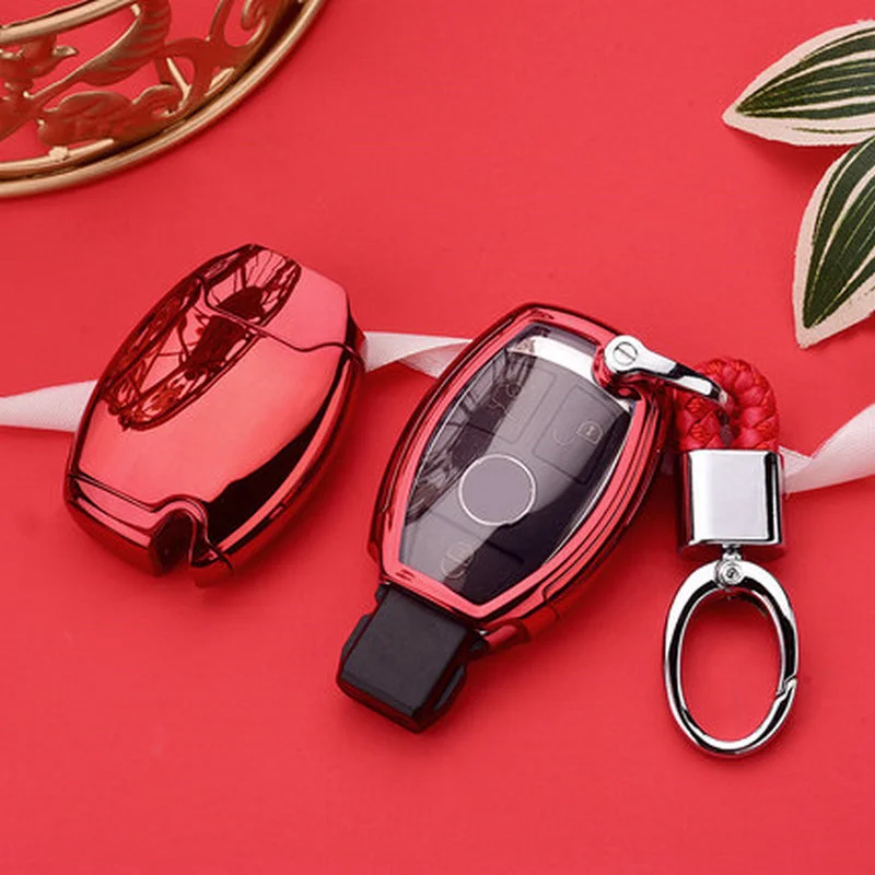 Red with Keychain Pcmos ТПУ чехол для ключей автомобиля держатель для Mercedes Benz GLA200/C/S/E/GLC/GLK/CLA/ML/GLE/W204/W251/W463/W176 защитный чехол - Название цвета: Red with Keychain