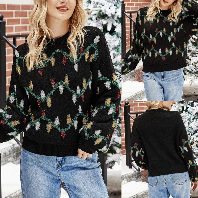 

Women Christmas Long Sleeve Sweater Tinsel Colorful Lights Knitted Jumper Top
