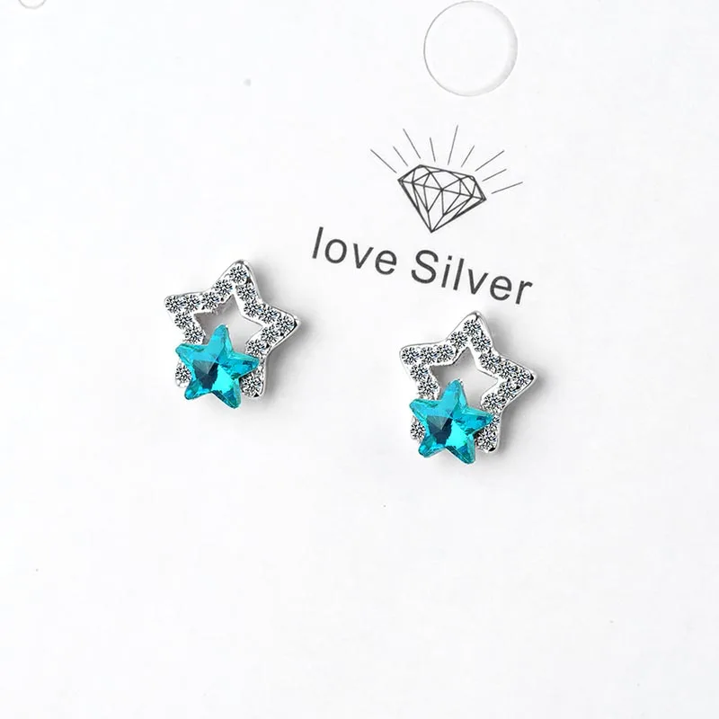 XIYANIKE 925 Sterling Silver Trendy Simple Blue Pentagonal Star Crystal Stud Earrings Jewelry For Women Couple Party Gift | Украшения и