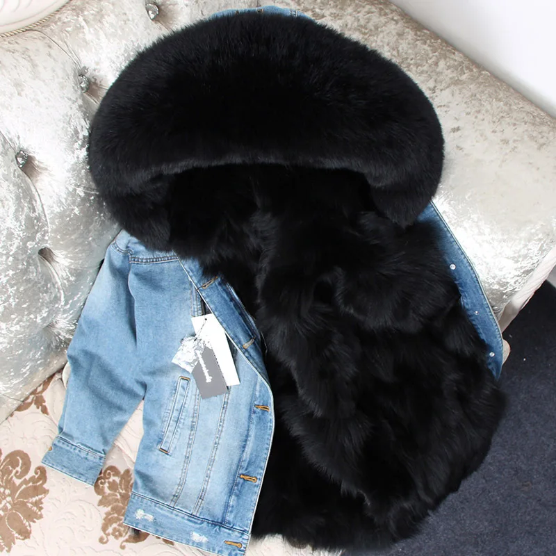 New Denim Pie Punk Fox Fur Grass Liner Coat Women Winter Real Casual Scorpion Collar Medium Long Jacket Thick | Верхняя одежда