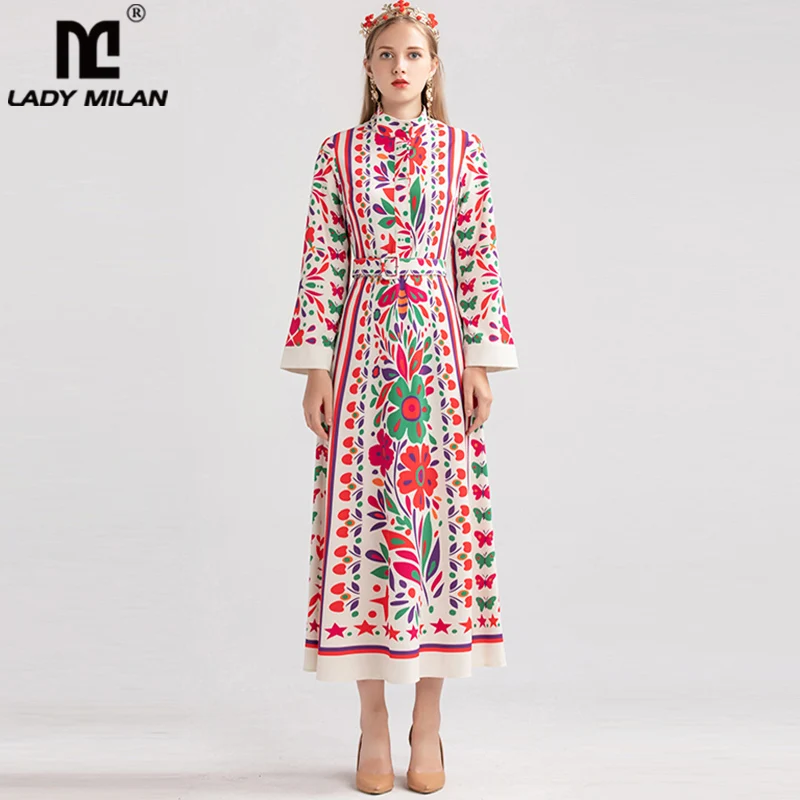 Женские подиумные платья с круглым вырезом и длинными рукавами цветочным