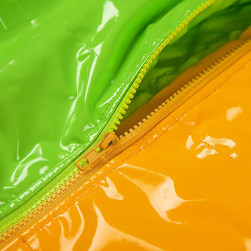 

2021 New Style Women Bright Leather Down Jackets Long Sleeve Zipper Two Color Stitching Coat for Winter Plus Size S-XXXL